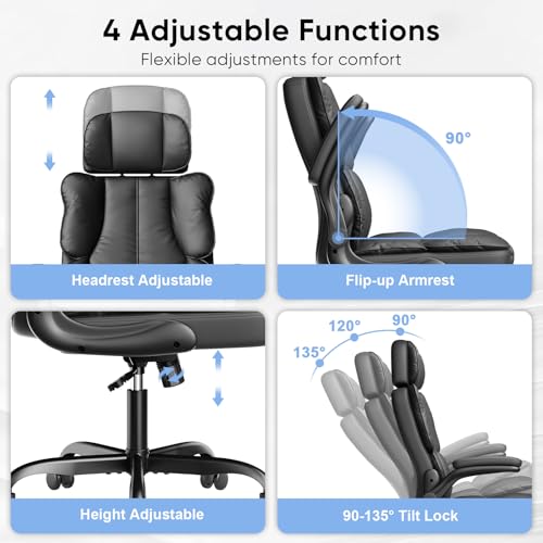 Kensaker Executive Leather Office Chair, Computer Chair with Thick Cushion & Lumbar Support, Ergonomic Desk Chair with Adjustable Headrest & Armrests,Black Kensaker