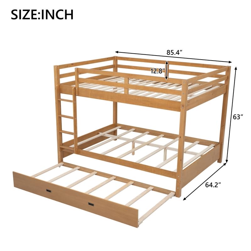 Merax Queen Size Bed with Trundle - Space-Saving Solid Wood Frame, Built-in Safety Rails and Ladderm, Wood Merax