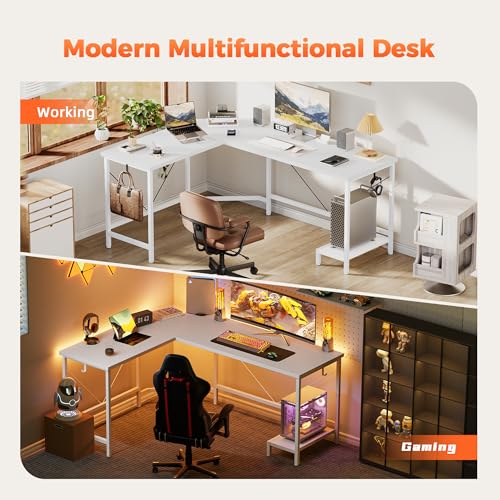 Mericonia 66 inch Large Corner Gaming Desk, Simple L Shaped Desk with CPU Stand & Hooks, Computer Desk for Home, Bedroom & Office Workspace, White Mericonia