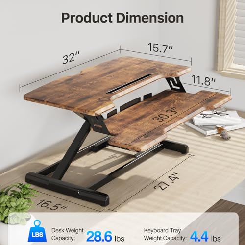 JYLH JOYSEEKER Standing Desk Converter 32 inch, Height Adjustable Sit Stand Desk Riser, Quick Sit to Stand Desktop Dual Monitor Riser Workstation for Home Office with Keyboard Tray, Rustic Brown JYLH JOYSEEKER