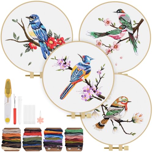 TINDTOP Embroidery Kit for Adults, Flowers and Bird Embroidery Practice Kits for Beginners Adults Include Embroidery Cloth Hoops Threads for Craft Lover Hand Stitch