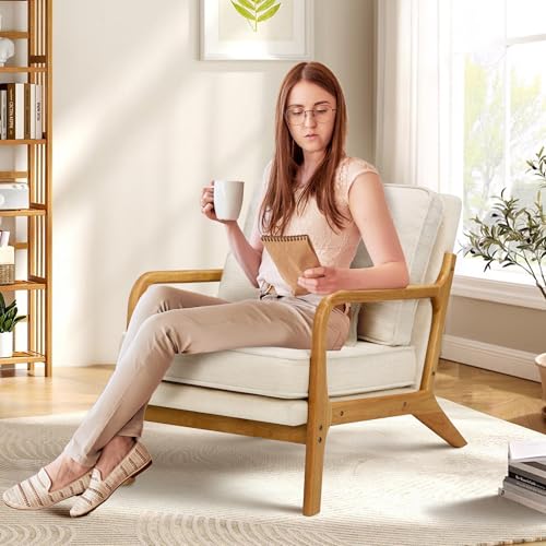 COLAMY Mid Century Modern Accent Chair with Lumbar Pillow, Relaxing Armchair with Solid Wood Frame & Soft Cushion, Reading Leisure Chair for Living Room,Bedroom,Waiting Room(Beige) COLAMY