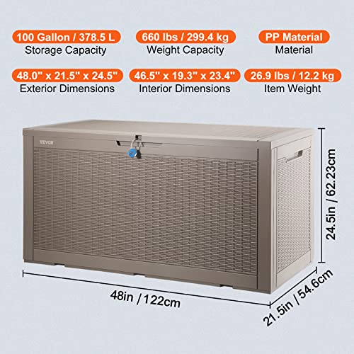 VEVOR Deck Box, 100 Gallon Outdoor Storage Box, 48.0" x 21.5" x 24.5", Waterproof PP Deckbox with Aluminum Alloy Padlock, for Patio Furniture, Pool Toys, Garden Tools, Outdoor Cushions, Gray VEVOR