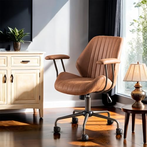 Mid Back Home Office Chair, Mid Century Modern Executive Chair, Comfy Ergonomic Rolling Office Desk Chair with Lumbar Support, Brown Faux Leather Office Chair, Brown weaxty W