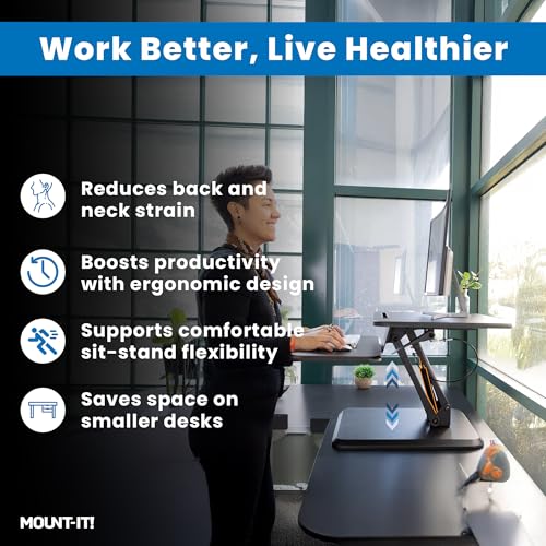 Mount-It! Standing Desk Converter, Compact 25" Sit Stand Desk Riser with Gas Spring Lift, Adjustable Height Desktop Riser for Laptop, Monitor, and Keyboard, Small Home Office Desk Converter Mount-It!