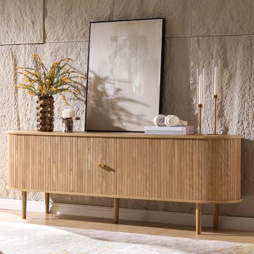 AMERLIFE 70" Mid-Century Modern TV Stand, TV Console Table for TVs up to 80 Inch, Fluted Wood Media Console with Storage, Solid Wood Legs, Natural Oak AMERLIFE