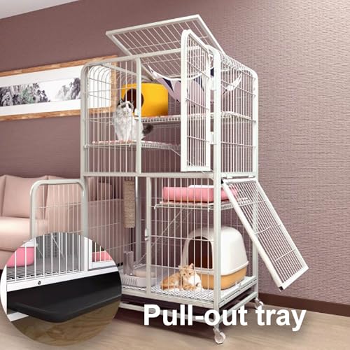 GUQASDV Cat Cages Indoor, Cat Playpen with Top Cover, Catio Indoor Cat Enclosure on Wheels, Cat Crate with Pull-Out Tray for Ferret, Chinchilla, Rabbit, Small Animals(White,78x54x100cm) GUQASDV