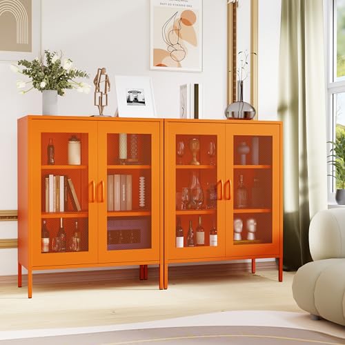 Chshin Metal Locker Storage Cabinet with 2 Mesh Doors and Adjustable Shelves,Orange Metal Locker Cabinets,Coffee Bar Cabinet,Kitchen Pantry Storage Cabinets for Home,Sideboard,Office(40" H) Chshin