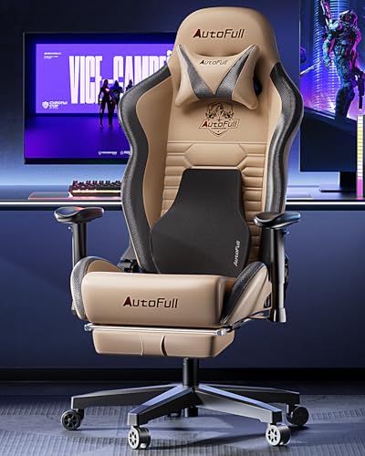 AutoFull Gaming Chair, Racing Style Gaming Chair with Ergonomic Lumbar Support,Adjustable High Back PU Leather PC Chair with Footrest,Brown AutoFull