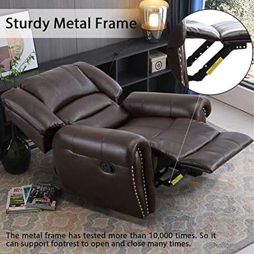 INZOY Leather Recliner Chair, Heavy Duty Manual Reclining Sofa Single Lounge Sofa for Living Room, Home Theater Seating, Brown