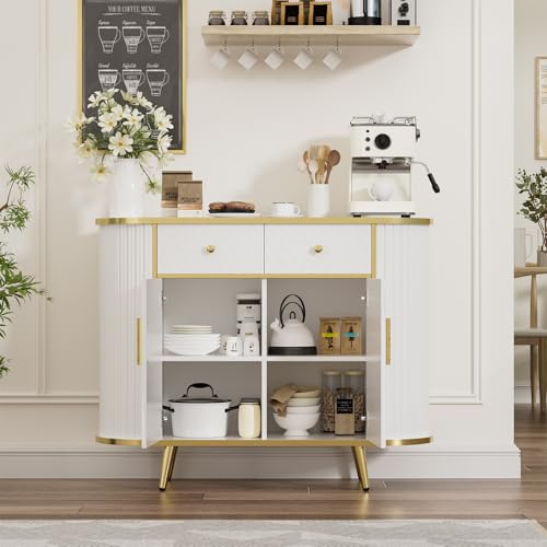 LUMIINOFAMI Sideboard Buffet Cabinet with Storage, 43.3'' Modern Coffee Bar Entryway Cabinet with Drawers, Console Table with Storage Gold Sealed Edge Luxury Style for Living Room, Hallway (White) LUMIINOFAMI