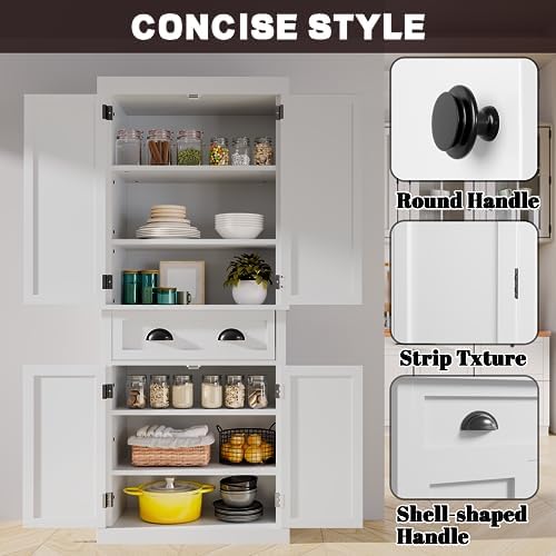 Furniwell 72" Kitchen Storage Cabinet with Drawer, Tall Kitchen Pantry Cabinet with Doors and 3 Adjustable Shelves, Freestanding Cupboard for Kitchen, Dining Room, Living Room (White) Furniwell
