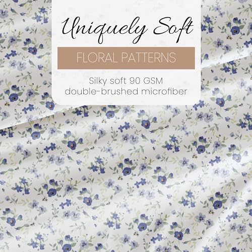 Linen Market 4 Piece King Sheet Set - Breathable, Double-Brushed Patterned Cooling Sheets – Oeko-TEX Certified Ultra Soft & Wrinkle-Free 16" Deep-Pocket King Sheets - Easy Care Blossoms Light Blue Linen Market