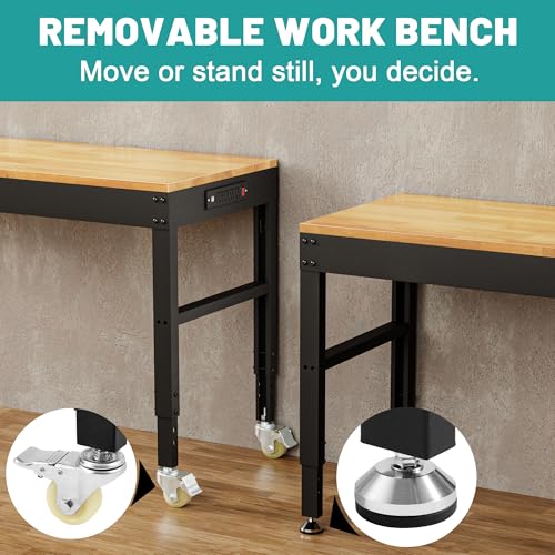 48" Heavy Duty Workbench, Solid Wood Working Bench Adjustable Height Rolling Work Tables with Power Outlets for Home Office, 1800 Lbs Capacity (Metal Wheels丨Rubber Pad丨48 x24 丨Socket) Hombanyan