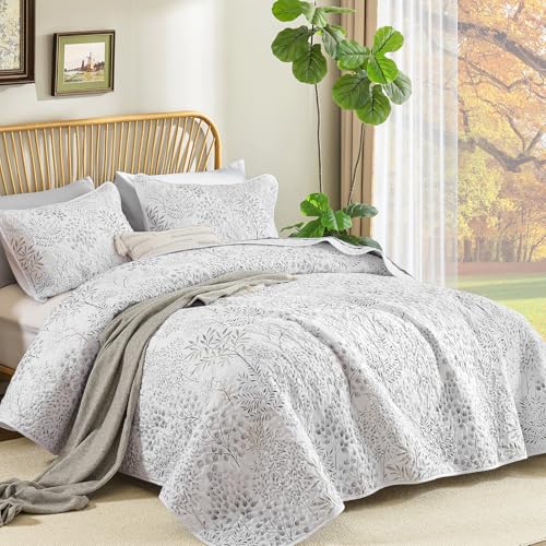WONGS BEDDING Floral Quilt Set Queen Size, 3 Pieces Botancial Bedspread Coverlet Set, Bamboo Leaves Pattern Soft Lightweight Farmhouse Flower Bedding Set for All Season (96"x90") WONGS BEDDING