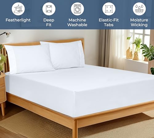 Royale Linens 100% Organic Cotton Fitted Sheet - Percale Weave - Super Soft Deep Pocket Bottom Sheets - White Elastic Sheet Full Size - Full Fitted Sheets Only - (54"x75"+15", White) ROYALE LINENS
