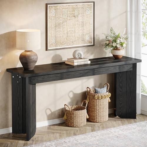 Tribesigns Farmhouse Console Table, 70.9-Inch Extra Long Console Table, Wood Sofa Table Behind Couch with Widened Tabletop & Sturdy Double Pedestal for Living Room, Hallway, Foyer (Black) Tribesigns