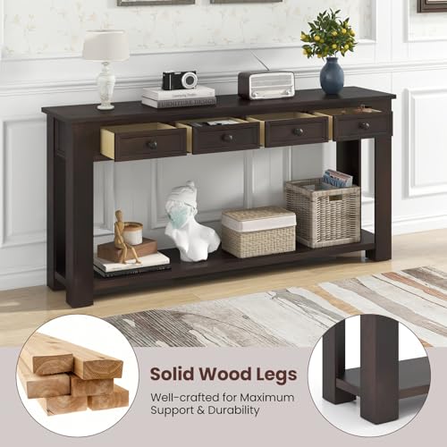 Giantex 63" Farmhouse Console Table with 4 Drawers, Modern Wood Entryway Table, Narrow Long Sofa Tables with Open Storage Shelf for Living Room, Hallway, Entrance, Foyer, Rustic Vintage, Espresso Giantex