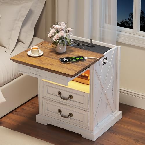 Dystler Night Stand with Gun Drawer, Bedside Table with LED Light & Human Sensor, Nightstand Gun Safe with 2 Drawers for Bedroom, Farmhouse End Table with Charger Station, Antique White Dystler