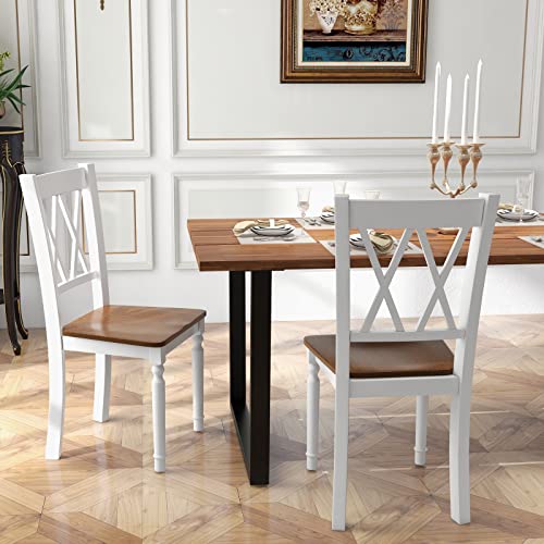 Giantex Dining Room Chairs Set of 2 White, Wooden Farmhouse Kitchen Chairs with Rubber Wood Seat, Acacia Wood Legs, Max Load 360 Lbs, Heavy Duty Wood Armless Dining Chairs with High Back Giantex