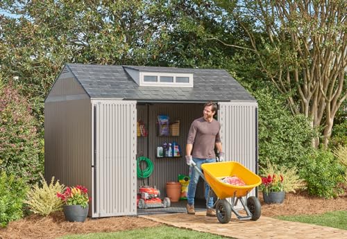 Rubbermaid Extra Large Resin Outdoor Storage Shed With Floor (7 x 10.5 Ft.) Weather Resistant Brown Organization for Home/Lawn Mower/Backyard Equipment/Bike Storage/Pool Supplies Rubbermaid