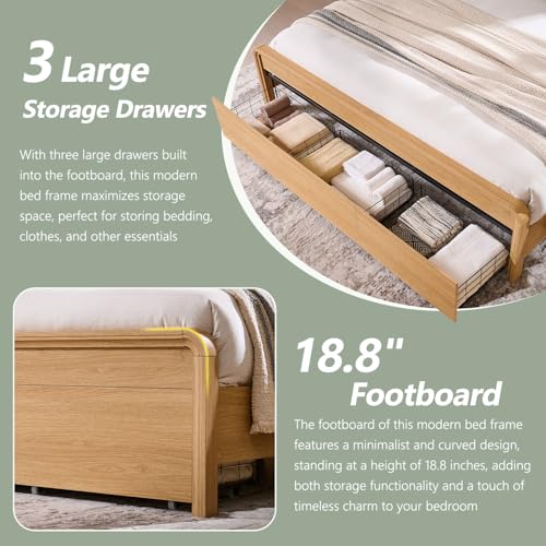 Aitjunz Modern King Size Bed Frame with 50" Tall Headboard, Wood King Size Platform Bed Frame w/3 Storage Drawers, Curved Profile Design, Wood & Steel Platform Bed, No Box Spring Needed, Natural Oak Aitjunz