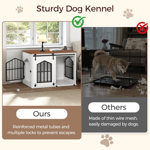 MAHANCRIS Dog Crate Furniture, 31.5" Farmhouse Dog Kennel with Sliding Barn Door, Wooden Dog Cage for Small Medium Dogs, Decorative Pet House Side End Table, Chew-Resistant, White and Walnut DCBA9601 MAHANCRIS