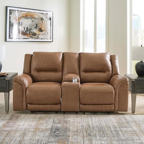 Signature Design by Ashley Trasimeno Contemporary Leather Match Power Reclining Loveseat with Console, Adjustable Headrest and USB Ports, Dark Brown Signature Design by Ashley