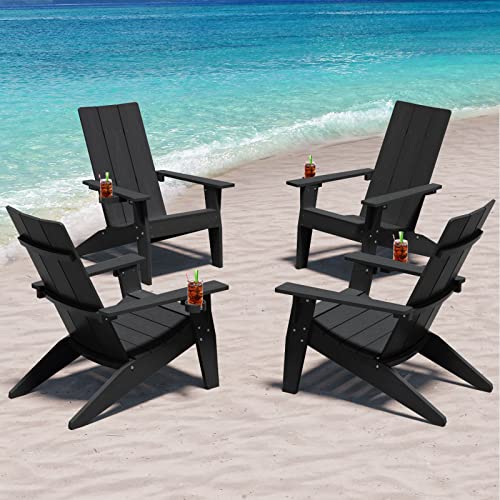 MXIMU Modern Adirondack Chairs Set of 4 Weather Resistant with Cup Holder Oversize Plastic Fire Pit Chairs Plastic Outdoor Chairs for Firepit Area Seating (Black) MXIMU