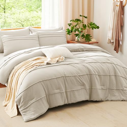 CozyLux Queen Comforter Set Beige, 7 Pieces Soft Pinch Pleat Bed in a Bag Queen Comforter Set with Sheets, Boho Bed Set with Down Alternative Comforter, Sheets, Pillowcases & Shams CozyLux