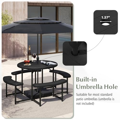 Giantex Picnic Table Bench Set for 4-8 Person, Round 37” Outdoor Dining Table w/Umbrella Hole, HDPE Tabletop, Metal Frame, Patio Furniture Set for Backyard Porch Lawn, 1400lb Capacity (Black,Round) Giantex