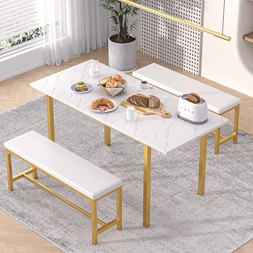 VECELO 3-Piece 63" Extendable Kitchen Table with Benches/Chairs, Modern Breakfast Dinette/Dining Room Set for 4/6/2, Small Space Saving Design, Easy Assembly VECELO