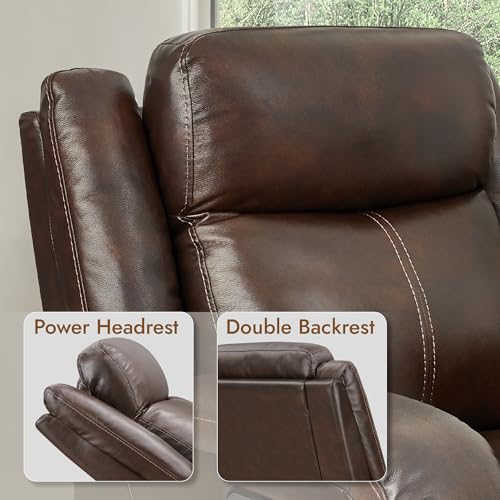 Watson & Whitely Oversized Genuine Leather Power Recliner Chairs for Big and Tall, Wall Hugger Recliner with Power Headrest & Charging Ports, Extra Large Reclining Chair for Living Room, Dark Brown