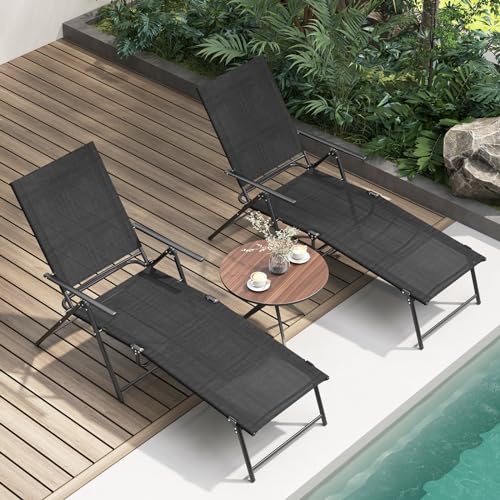 Giantex Lounge Chair Outdoor Set of 2 - Tanning Chair with 6 Adjustable Backrest, 2-Level Footrest, Folding Sunbathing Lounger for Patio, Poolside, Yard, Chaise Lounge Chair, Beach Chair (Black)