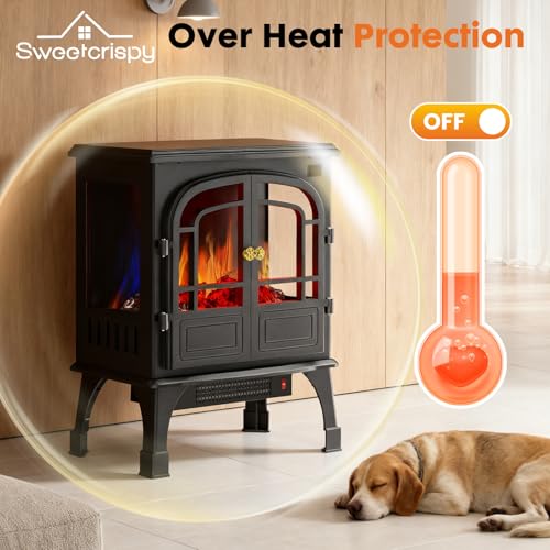 Sweetcrispy Freestanding Electric Fireplace Heater, 26”Two Door Fireplace with 3D Flame Effect, Overheating Safe Design, Energy Saving Space Heater with 12H Timer&Remote for Living Room, Bedroom,Black Sweetcrispy