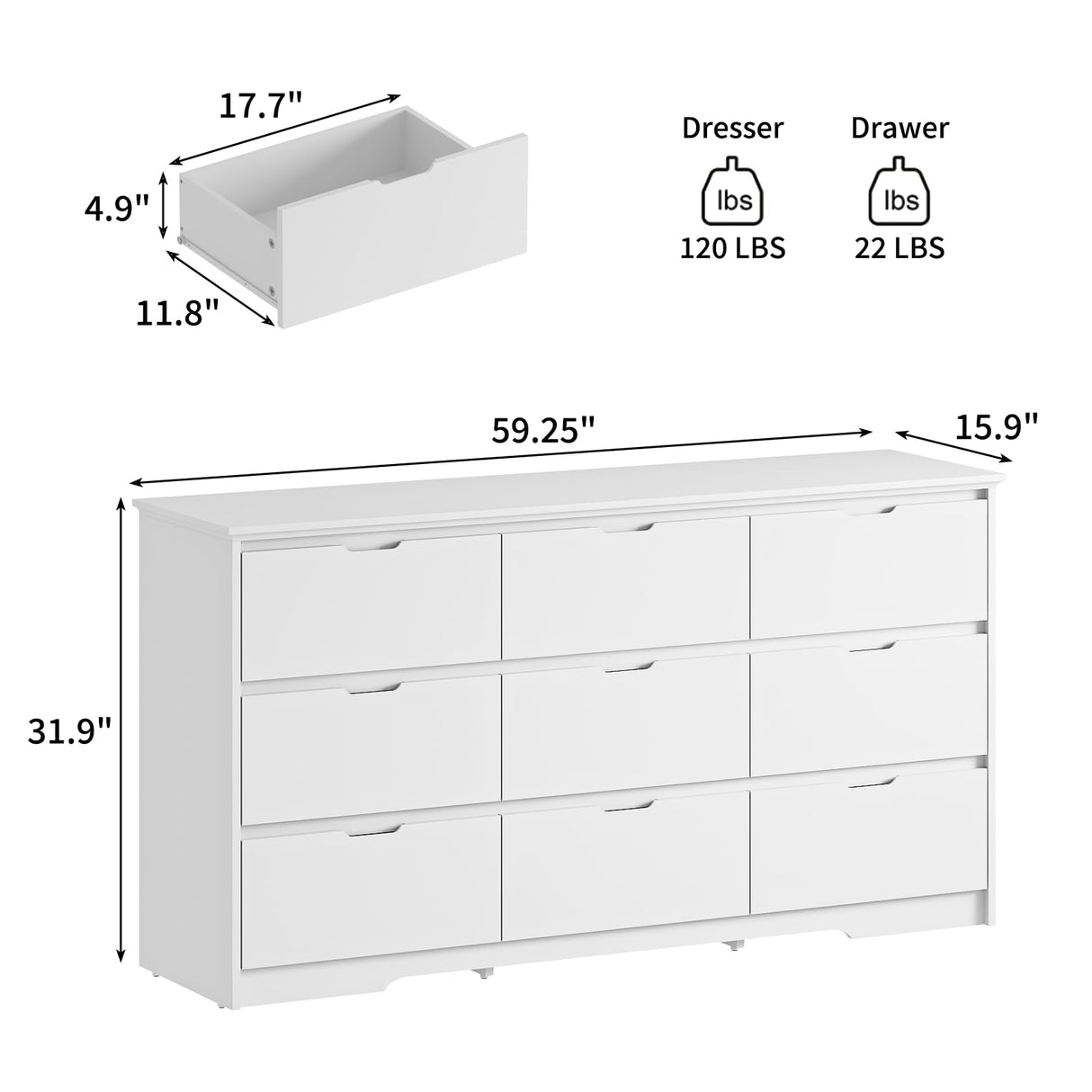 CARPETNAL 9 Drawer White Dresser for Bedroom with Deep Drawers, Large Dressers & Chest of Drawers Handle Free, Modern Long Dressers for Closet Bedroom, Living Room (59.25" W x 15.9" D x 31.9" H) CARPETNAL