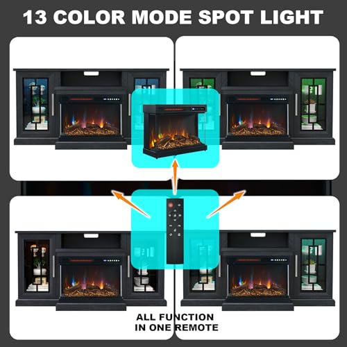 Unineo 59 Inch LED TV Stand with 3-Side Glass Fireplace, Modern Media Entertainment Center Console Table for TVs up to 65 Inch with Adjustable Flame & LED Color, 24’’ Fireplace, Highboy, Black Unineo