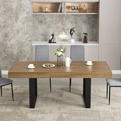 STHOUYN 63”-79” Extendable Dining Room Table, Modern Farmhouse Wooden Kitchen Table, Long Expandable Dining Table for 6 8 10, Large Expanding Tables Conference Tables (Walnut Brown) STHOUYN