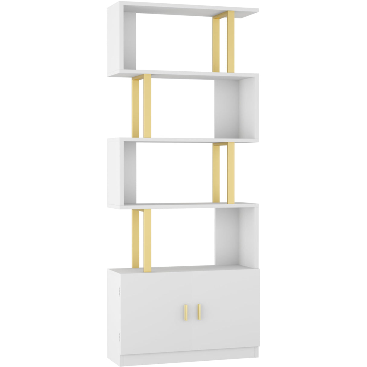 Yusong Geometric Bookcase with Cabinet, S Shaped Bookshelf 5-Tier Book Shelves for Bedroom, Modern Wood Decorative Display Shelf Tall Book Case for Home Office, Gold and White Yusong