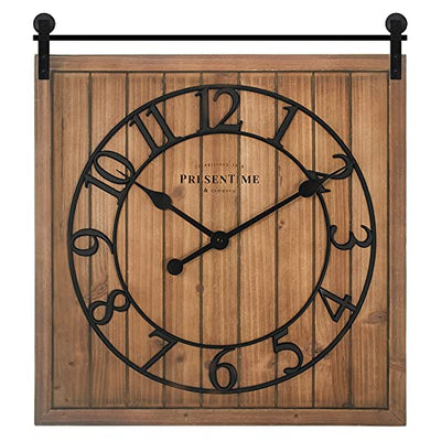Presentime & Co Farmhouse Barn Door Clock, Shiplap Style, Brown Wood Color, Silent No Ticking, 3D Arabic Numeral, 23" H x 21" W. Home Decoration/Wall Decoration/Farmhouse Décor