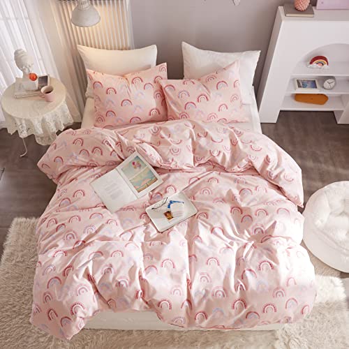 Ivellow Twin Duvet Cover Bed Set 100% Cotton Rainbow Pink for Girls Cute Kawaii Bedding Set 3 Pcs Ultra Soft Breathable Toddler Teen Kids Patterned Cartoon Comforter Cover. Ivellow