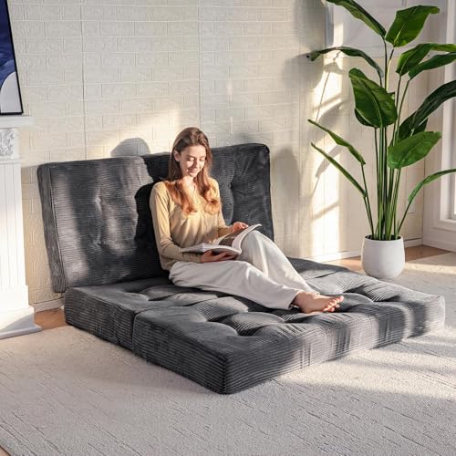 MAXYOYO Tri-Fold Mattress, 6 Inch Tufted Folding Futon Foam Bed, Foldable Floor Mattress Guest Bed Futon Topper Portable Camping Sleeping with Corded Fabric, Dark Grey, 59"x79" MAXYOYO