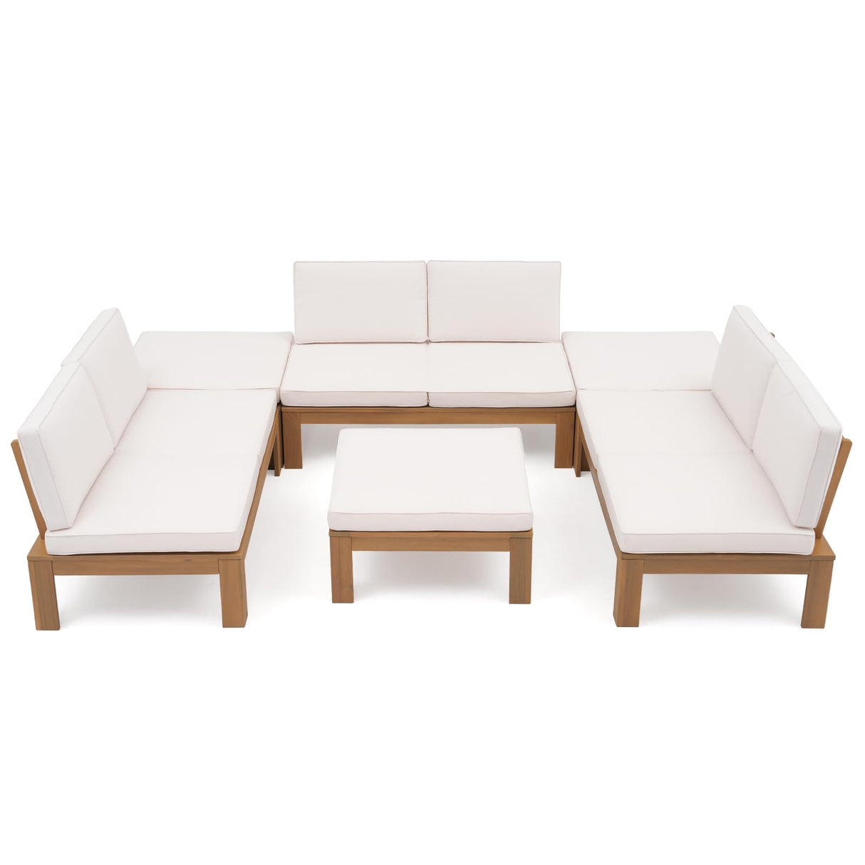 SUNSITT 6 Piece Acacia Wood Patio Furniture Outdoor Sectional Sofa Set with Adjustable Armrest, FSC Certified L-shaped Patio Set w/2-in-1 Coffee Table, Cream White Cushions for Garden SUNSITT
