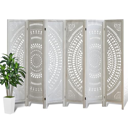 Asnefeli 6 Panel Room Divider, Wood Carved Room Divider and Privacy Screen, Folding Room Partition Screen for Room Separation Home Bedroom Office Restaurant Portable Freestanding (Retro White) Asnefeli