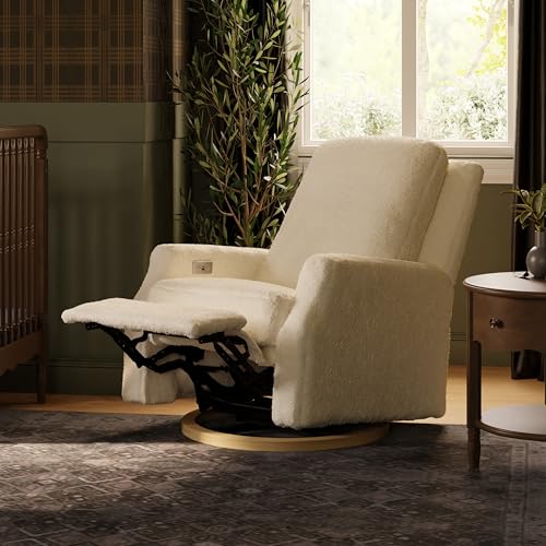 NAMESAKE Crewe Electronic Recliner and Swivel Glider in Ivory Boucle with Light Wood Base, Greenguard Gold & CertiPUR-US Certified NAMESAKE