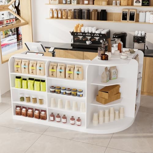 FAMAPY 70.9" L-Shape Reception Desk with Open Display Shelving, 2 Drawers & Cabinets, Modern Reception Counter for Shop White 70.9”W x 47.2”D x 39.4”H
