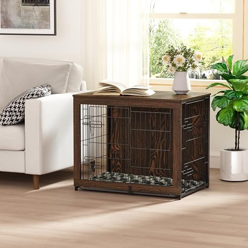 Megidok Wooden Dog Crate Furniture with Cushion,Medium Dog Crate End Table with Tray, Double Doors Kennels Indoor (32" L*22" W*26" H, Rustic Style) Megidok