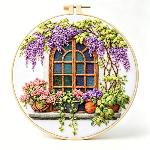 Zhenqing Wisteria by The Window Embroidery Kit for Beginners, Pre-Printed 29x29cm Cotton Fabric with 20cm Hoop, Cozy Vintage Window Design (JC0028