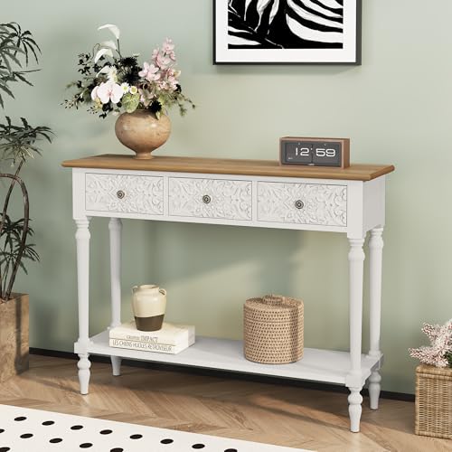 3More Entryway Console Table with 3 Drawers,42" Carved Hallway Table with Open Shelf,Long Sofa Table for Living Room, Hallway, Behind Couch,White 3More