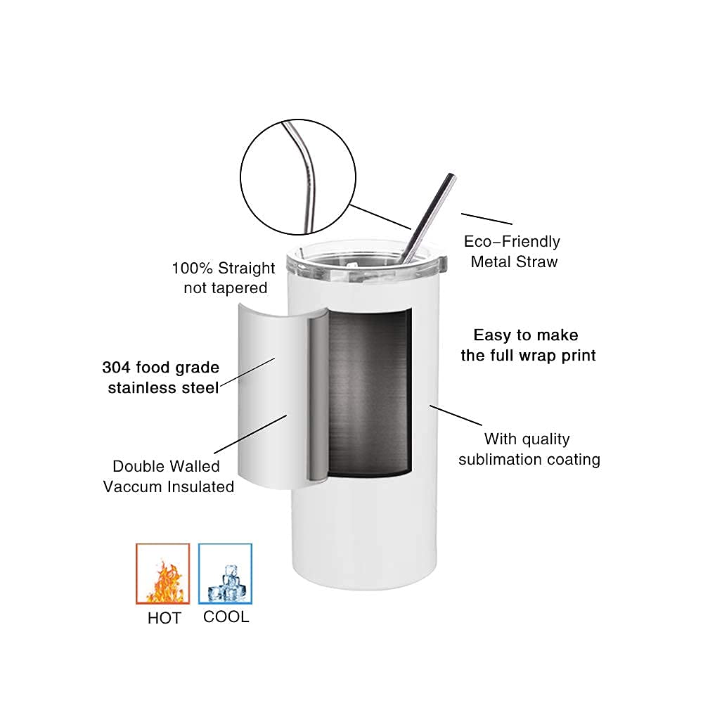PYD Life Sublimation Blanks Tumbler Skinny Slim 12 OZ Straight Stainless Steel Can Cooler Insulater with 2 Lids and Metal Straw Sublimation Mugs Cups 4 Pack PYD Life